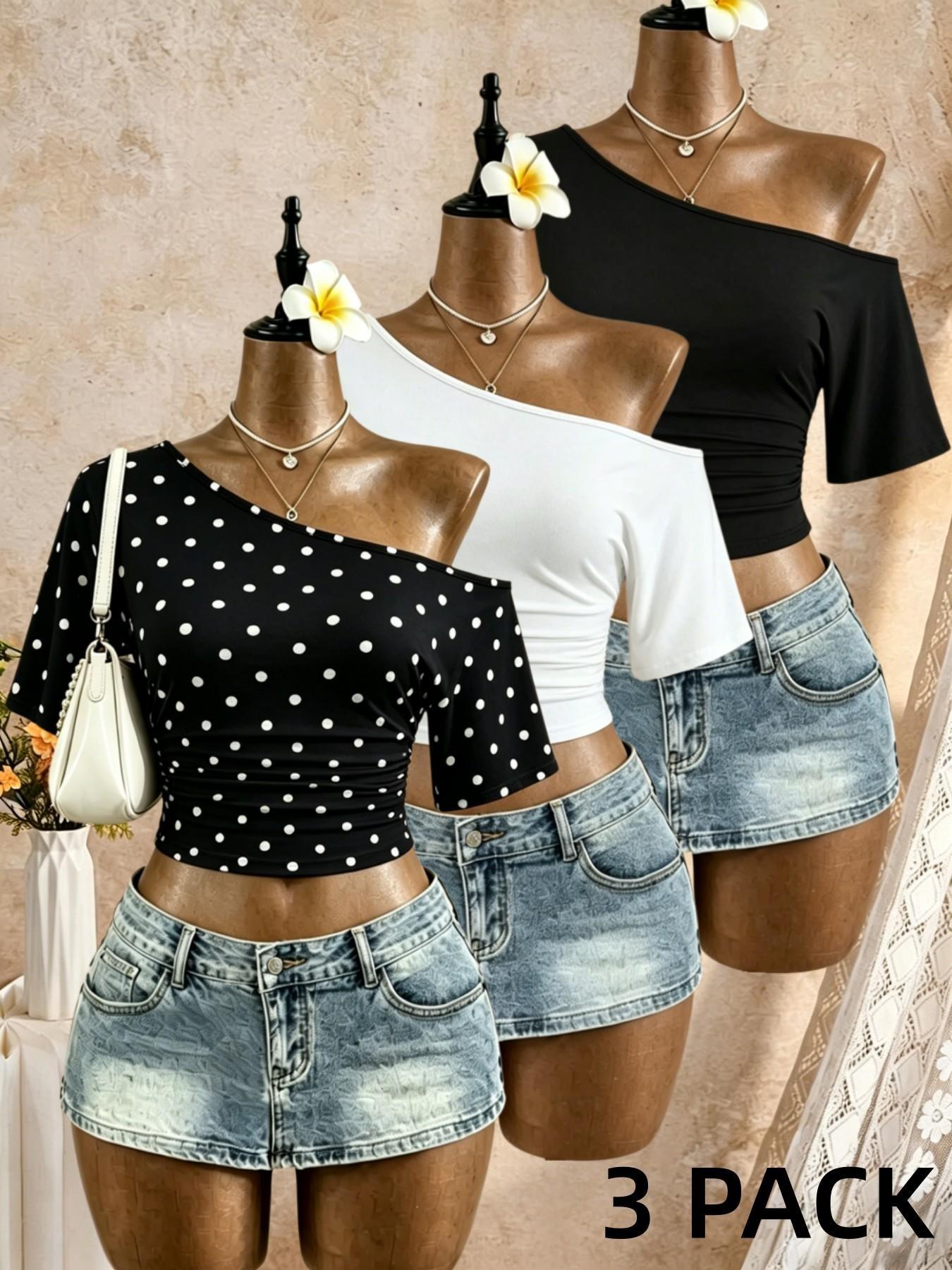 3-Pack Asymmetrical Shoulder Pleated Mid- Sleeve Short T-Shirts, Streetwear Date Wear, Show Waist Slimming Top, Trendy Ladies' Clothing, Casual Chic, Casual Daily Tops