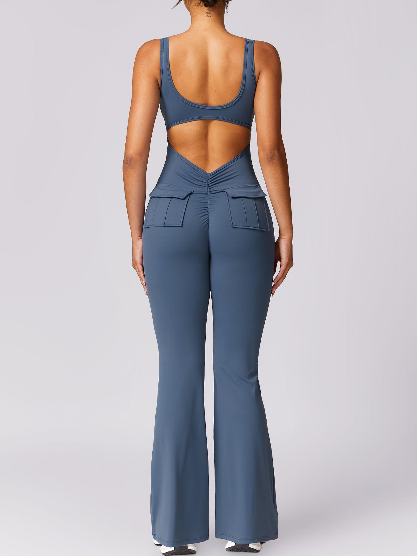 NcmRyu Women's Sleeveless Square Neck Open-Back Flare Jumpsuit - Buttery-Soft 4-Way Stretch Cargo Ruched Sculpting Trendy Activewear Workout Gym Clothing Workout Apparel jumpsuits for women