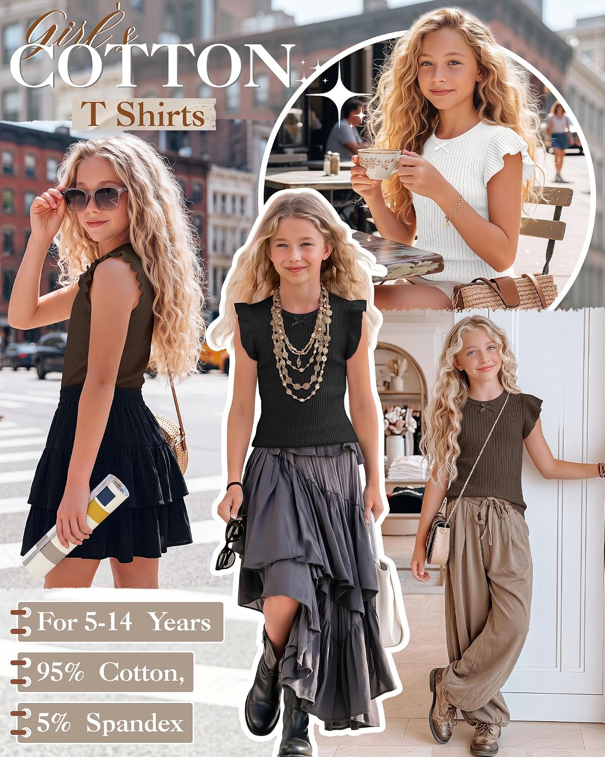 3 Pack Girls' Ruffle Sleeve T-Shirts| Short Sleeve Tops for Girls, Cute Casual Summer Shirts
