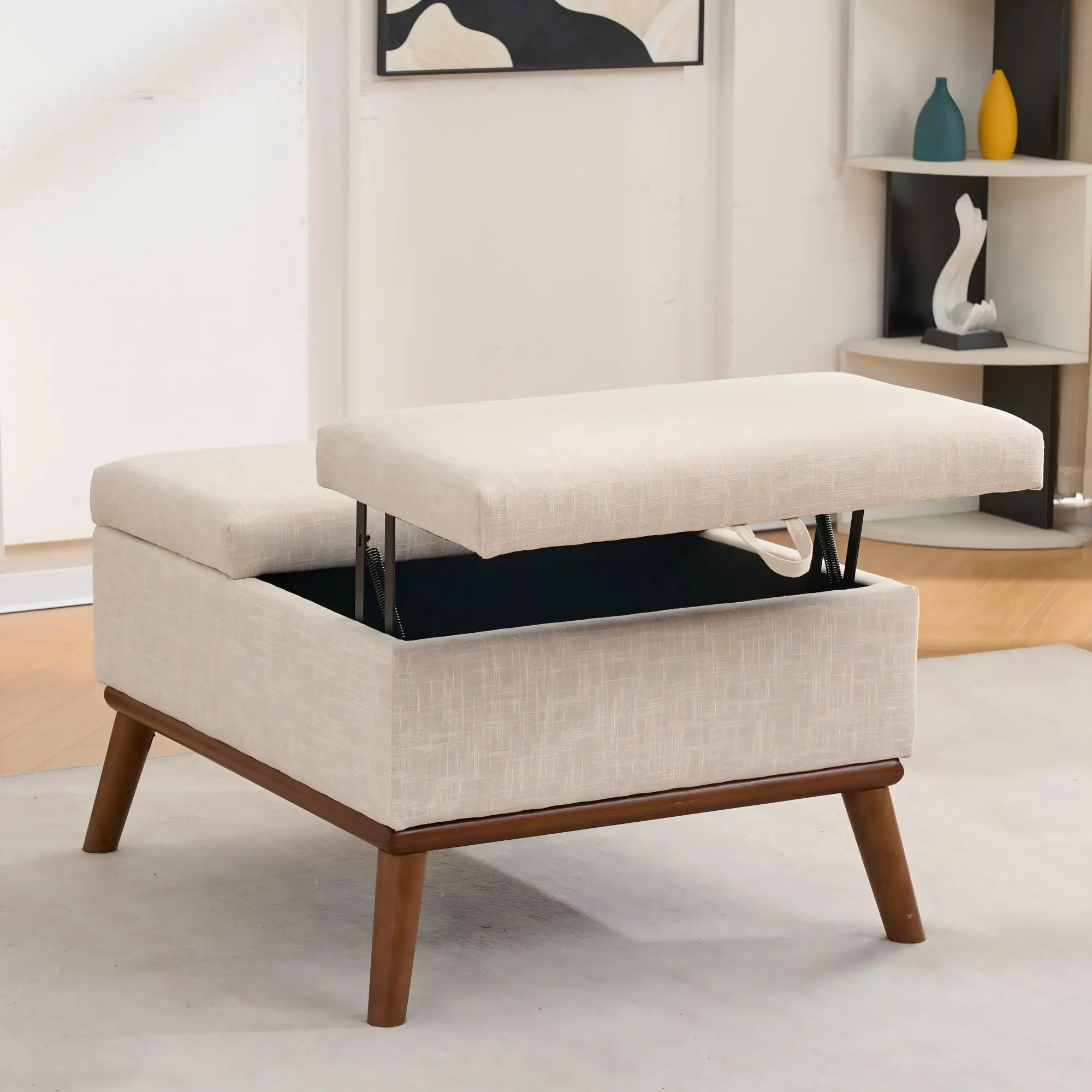 31 Inch Mid-Century Modern Storage Ottoman, Beige Fabric Rectangle Coffee Table with Lifting Lid and High Wooden Legs for Living Room or Office