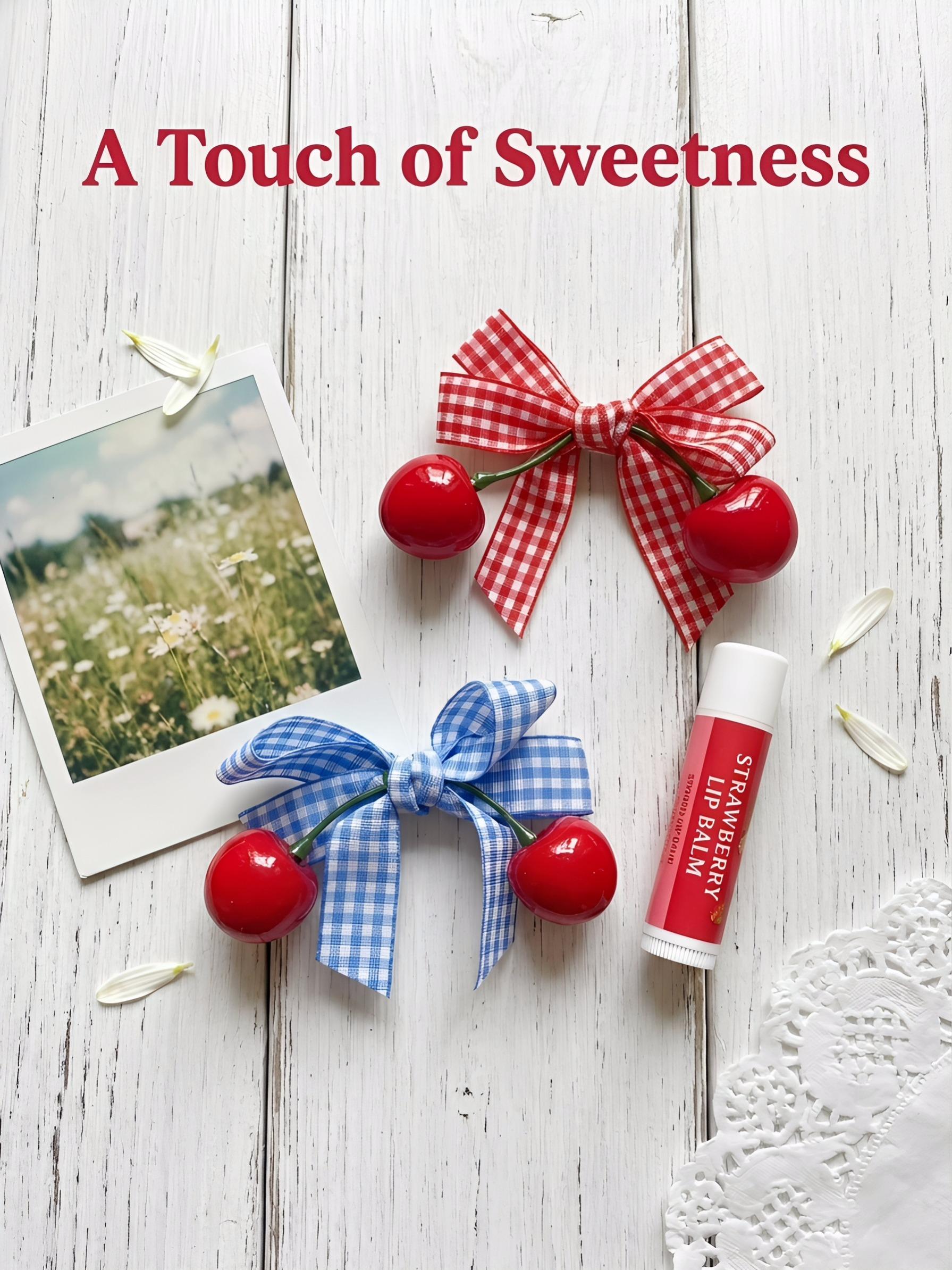 2pcs - French sweet cherry bow hair clips set, includes duckbill clips, women's hair clips, Y2K style for women & kids. Perfect for daily dates, picnics, photoshoots, school wear and festival parties.