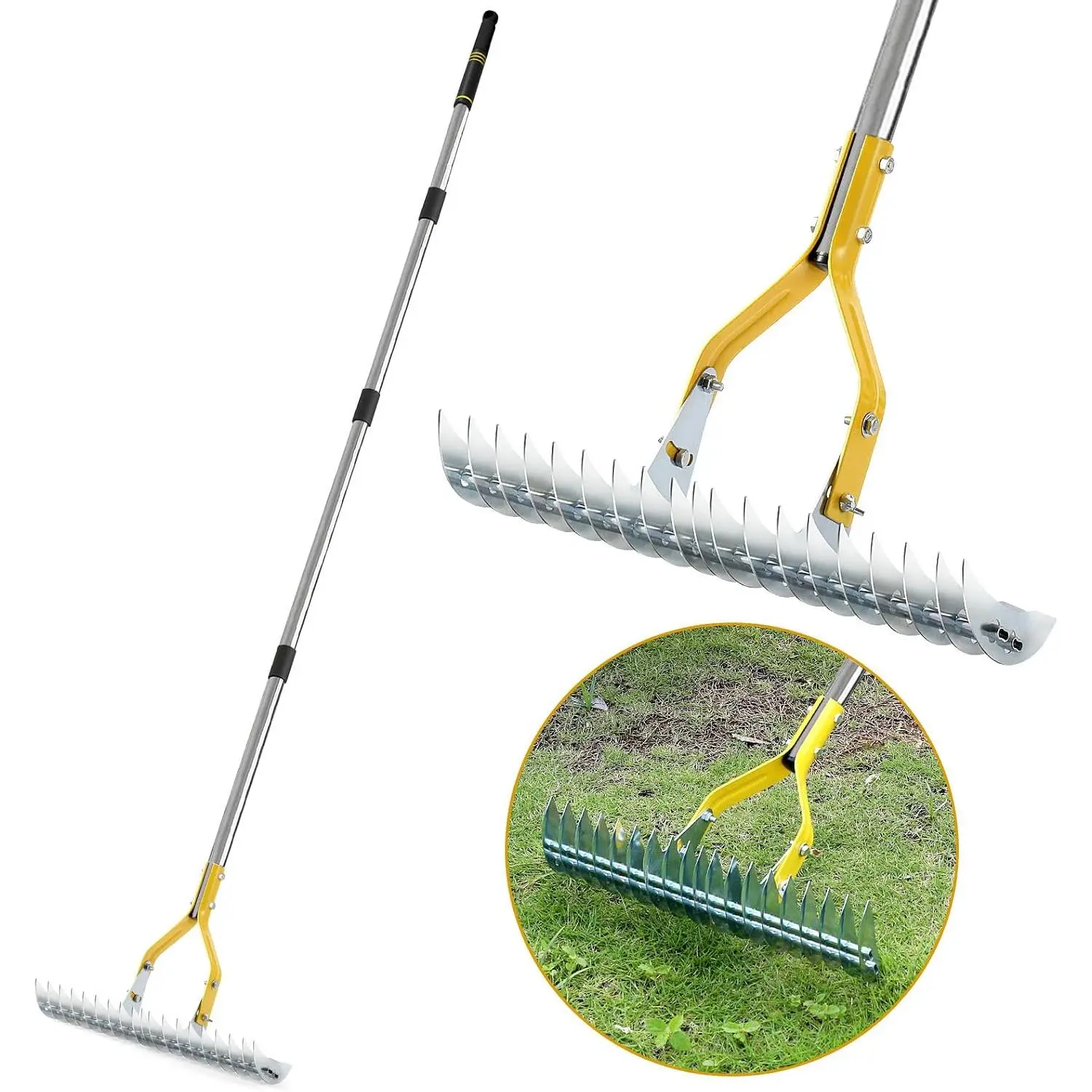 Thatch Rake, 15-Inch Steel Lawn Dethatcher with Handle, Heavy Duty Grass Cleaning Tool for  Grass and Soil Loosening, Versatile Yard and Garden