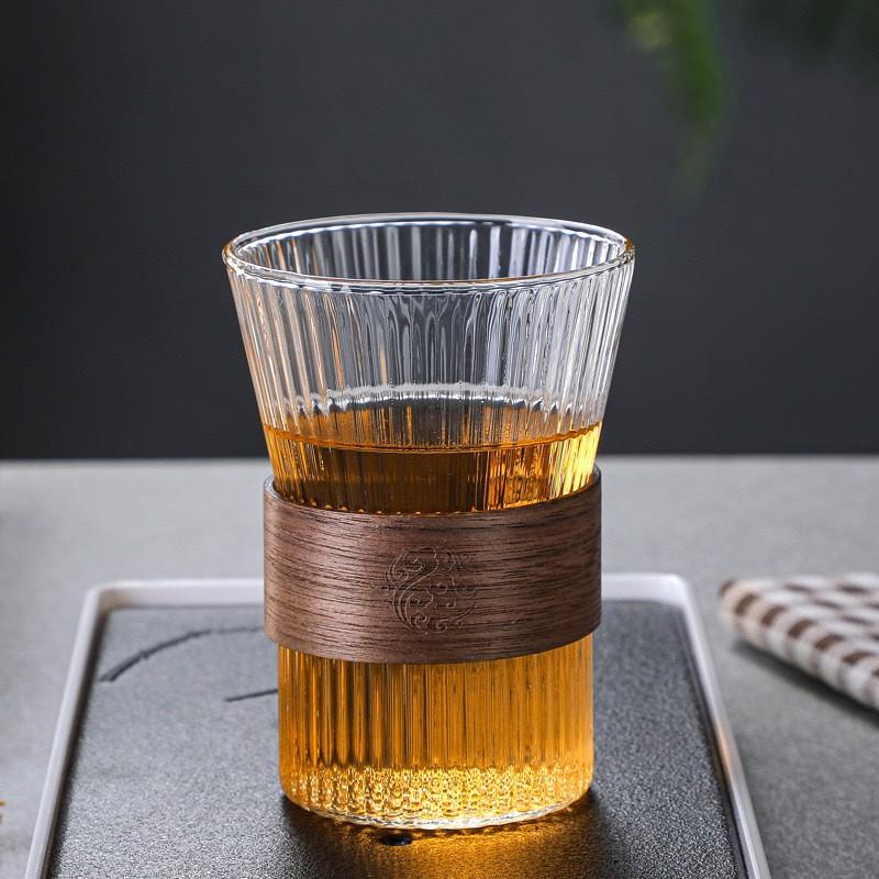 2pcs 320ML Glass Coffee Cups with Bamboo Sleeve, Espresso Drinking Set, Home Essential Glassware, Clear Cups for Beer, Cocktail, Tea, Latte