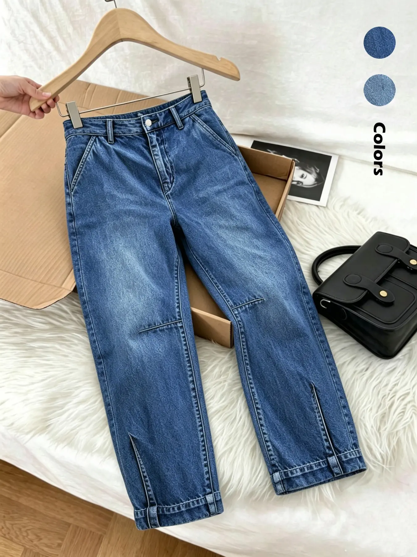 Women's Casual Denim Jeans, Elastic Fabric Conical Nine-Inch Pants, Loose Fit Comfortable Retro Style, Suitable for All Seasons