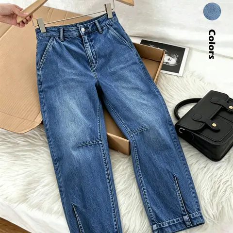 Women's Casual Denim Jeans, Loose-Fit Ankle-Length Pants, Mid Waist Button Fly Washed, Comfortable for All Seasons, Pocket