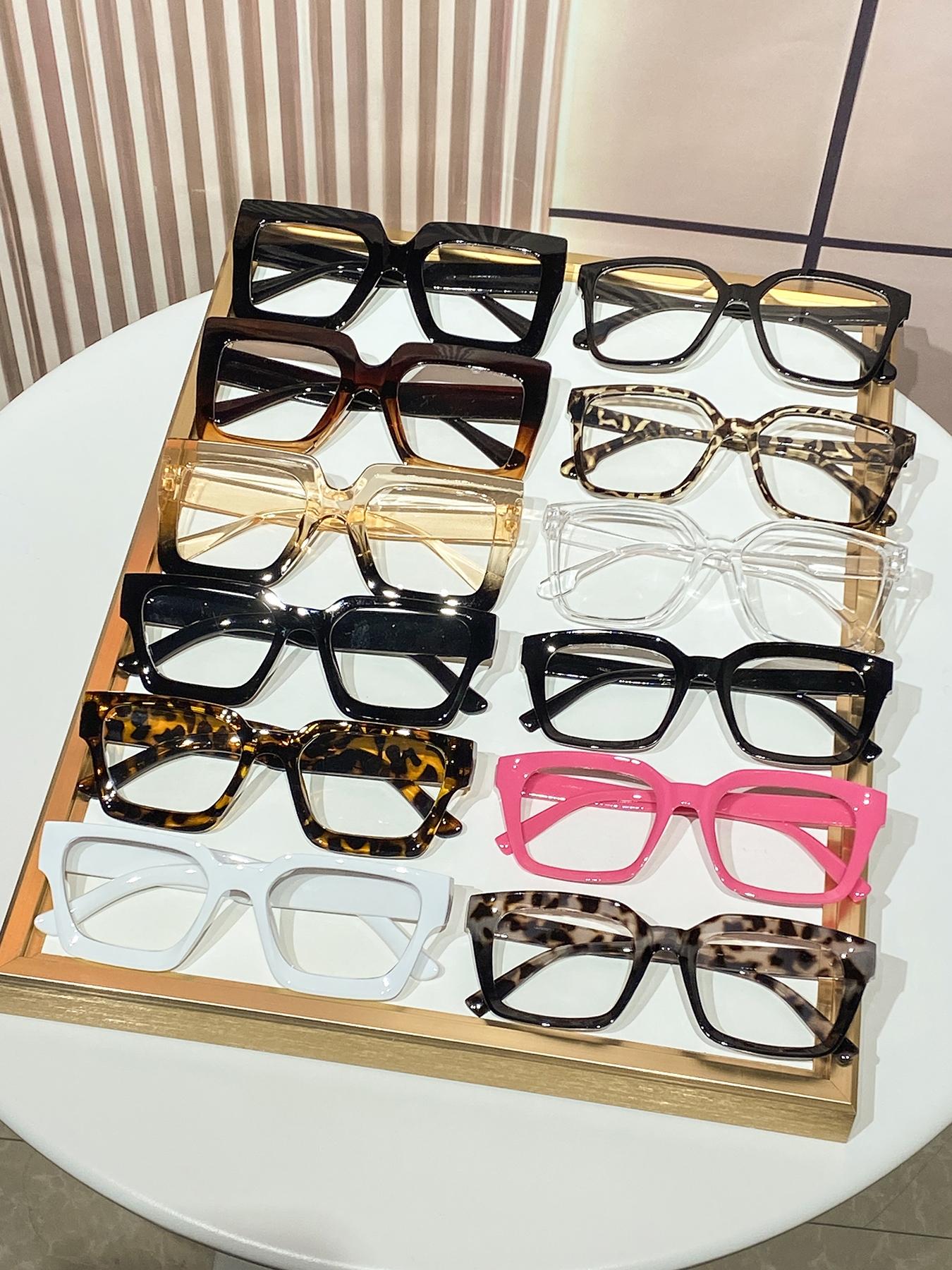 12pcs Women's Plastic Square Frame Mirror Set, Multiple Colors & Styles, Simple Fashion Casual Flat Mirror, Leopard Print Frame, Fashionable Frames Glasses