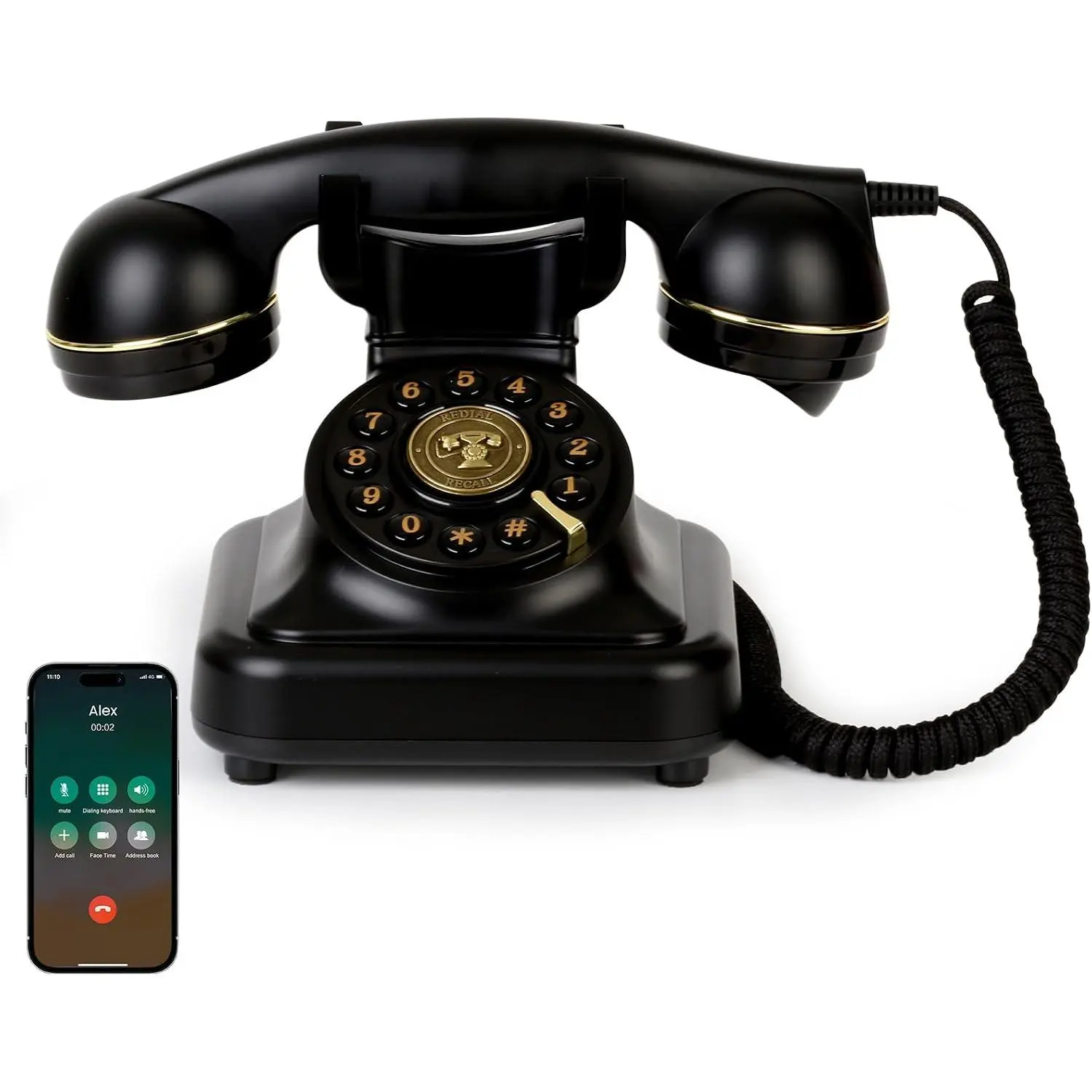 Phone, Retro Desk Telephone with  Accents, Loud Nostalgic Ringtones,  Connects to Smartphone for  & Office, Black