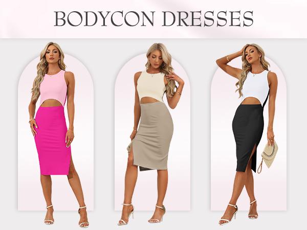 AUSELILY & MISFAY Date Night Dress Women's Ribbed Knit Bodycon Midi Dress Fall Casual Chic Crew Neck Cutout Casual Slit Dress