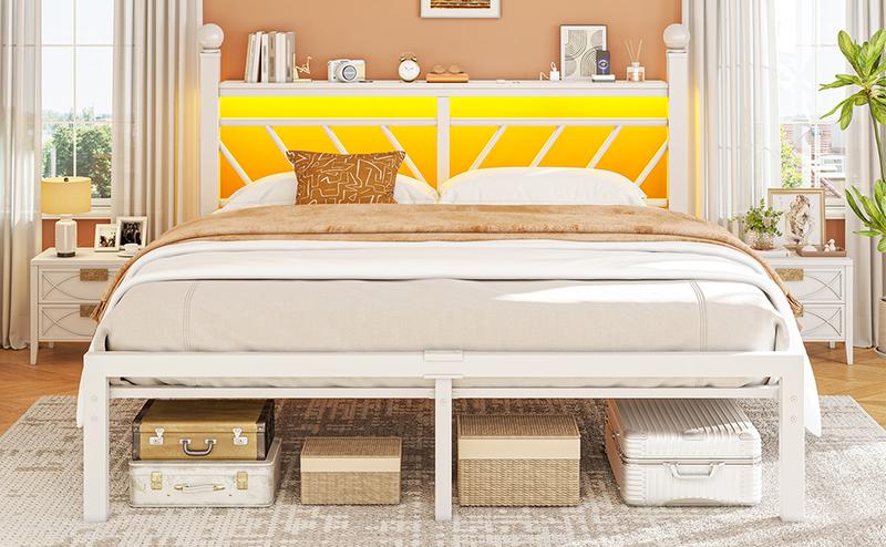 Raybee Furniture Twin/Full/Queen Metal Bed Frames ,with LED Lights and Charging Station, Sturdy Bed Frames with Headboard and Footboard, with Storage Shelves and Under Bed Storage, No Box Spring Needed, Noise Free 【Black Friday】 Raybee Furniture Twin/Full/Queen Metal Bed Frames ,with LED Lights and Charging Station, Sturdy Bed Frames with Headboard and Footboard, with Storage Shelves and Under Bed Storage, No Box Spring Needed, Noise Free 【Black Friday】