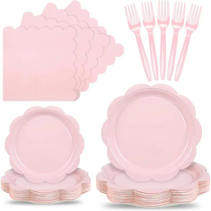 96 Pcs Pink Paper Plates and Napkins Set Party Supplies Serve for 24 Guests |   Tableware set include Disposable Pink Scalloped Plates, Napkins and Forks for Baby Shower Bridal Shower Wedding Birthday