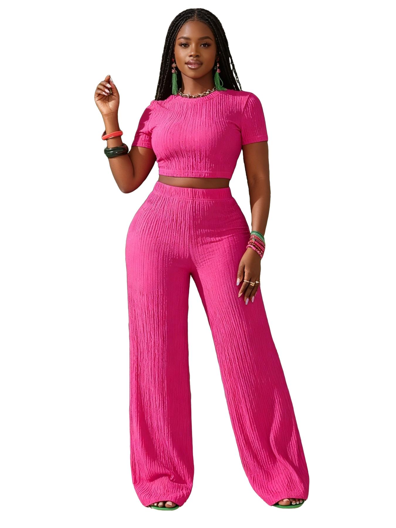 Spring Summer Fashion Minimalist Womenswear Casual Everyday Solid Color Fitted Round Neck Women's Home Set, Comfortable Short Sleeve Top + Long Pants 2 Piece Set Outfit