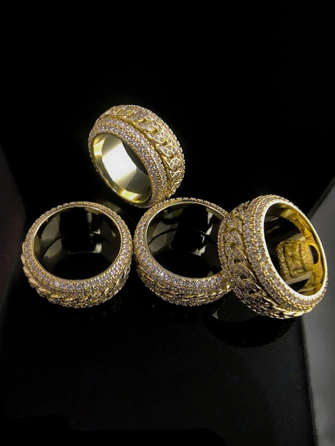 Fashion Hip-Hop Rock Ring - Diamond Rotating Stress-Relieving Cuban Ring, Pure Gold Plated Copper Material, 3A Grade Cubic Zirconia, Shiny Diamond Cuban Chain Ring, Micro Set Zirconia Ring - Gender-Neutral Punk Accessories, Gold and Silver Color