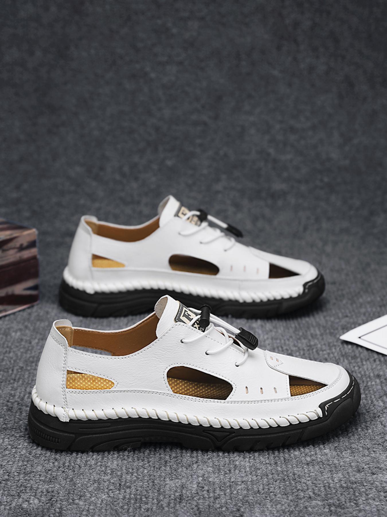 Men's Solid Color Hand-Stitched Closed-Toe Sandals Drawstring Soft Sole Water Shoes Breathable Slip-On Outdoor Beach Shoes