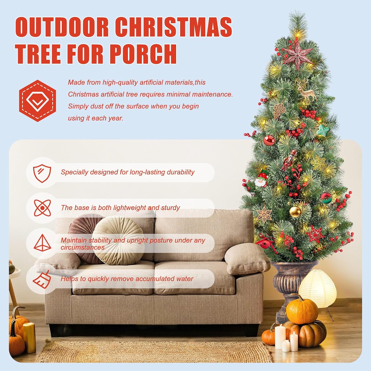 4FT   Pre Lit Christmas Tree | Potted  Pine Tree with 100 LED Lights, Timer, Red Berries and Planter for Front Porch Indoor Outdoor Holiday Decor