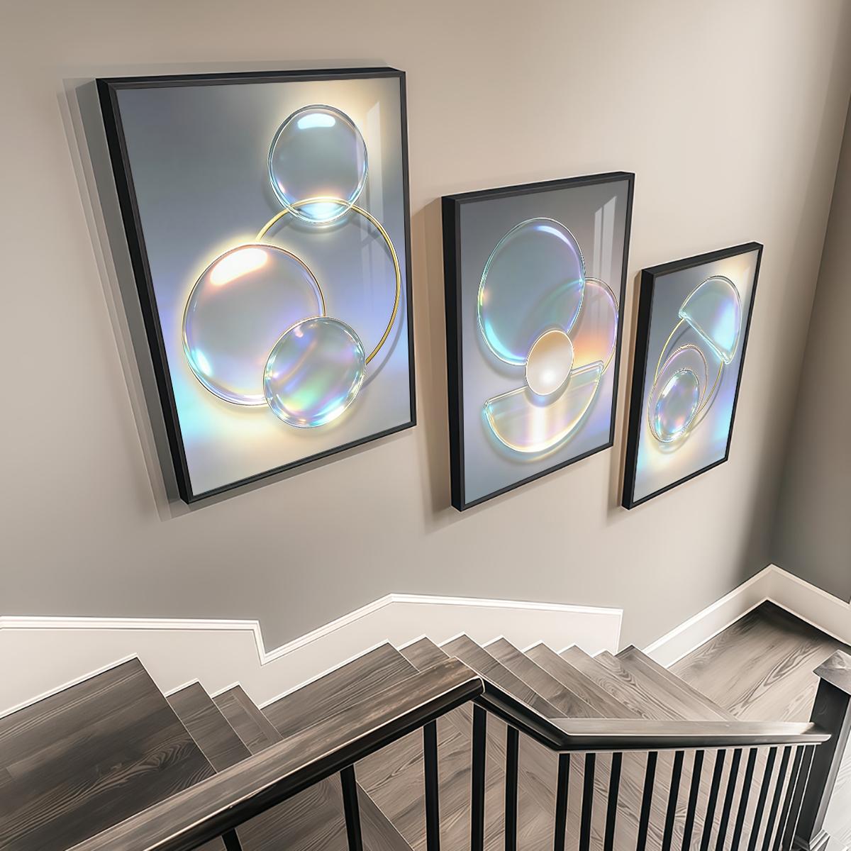 3 Counts Aluminum Alloy Framed Painting, Abstract Iridescent Glass Circles Design, Home Decoration For Living Room, Bedroom, Office, Restaurant, Hallway Wall Decor, Odorless Print Artwork, Luxury Perfect Gift For Friends And Family