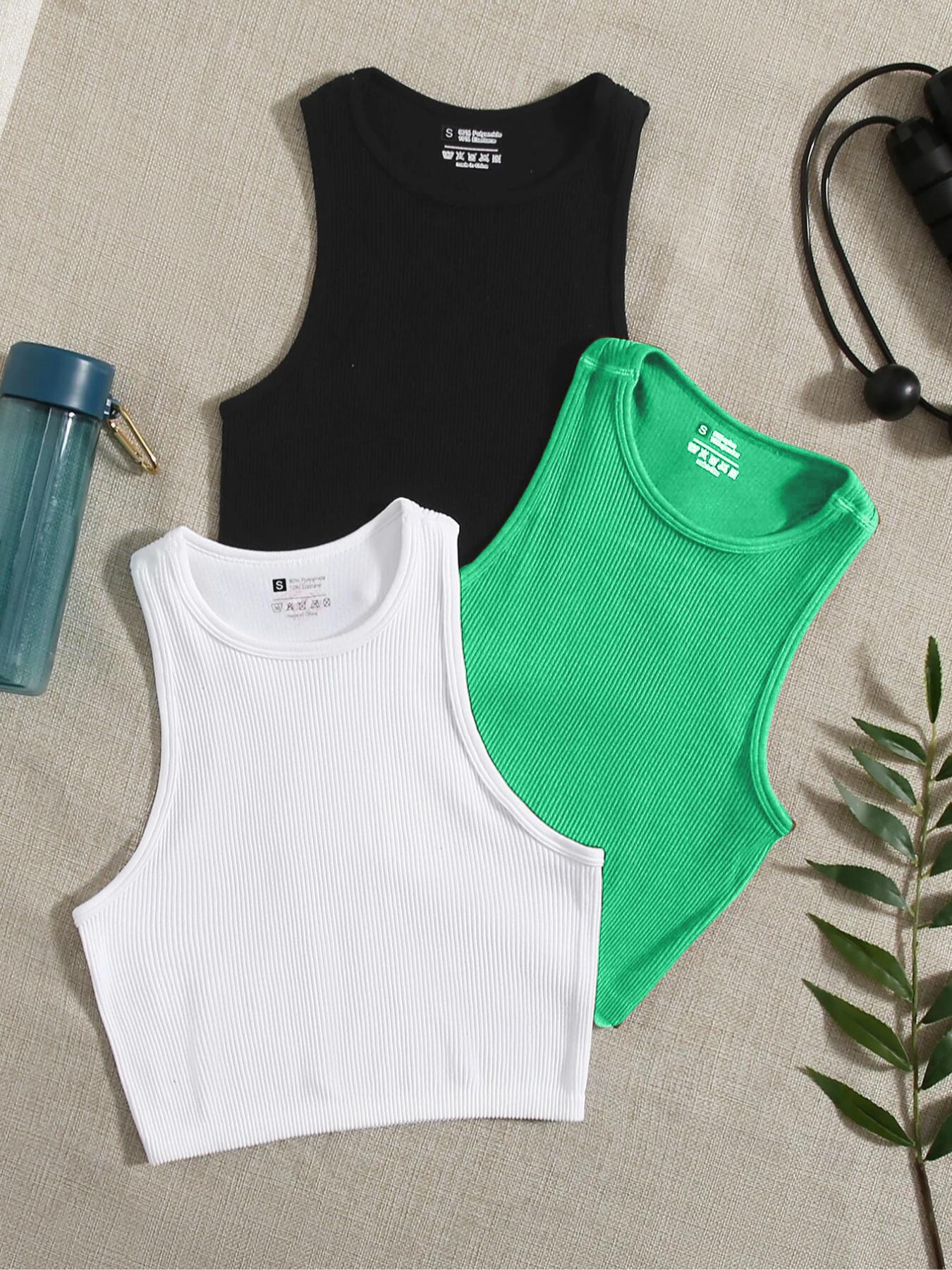 Women's Solid Round Neck Ribbed Sports Vest, Breathable Comfortable High Stretch Quick Drying Sports Tank Top, Gym Clothes, Gym Workout Tops, Ladies Sportswear for Indoor Outdoor Wear