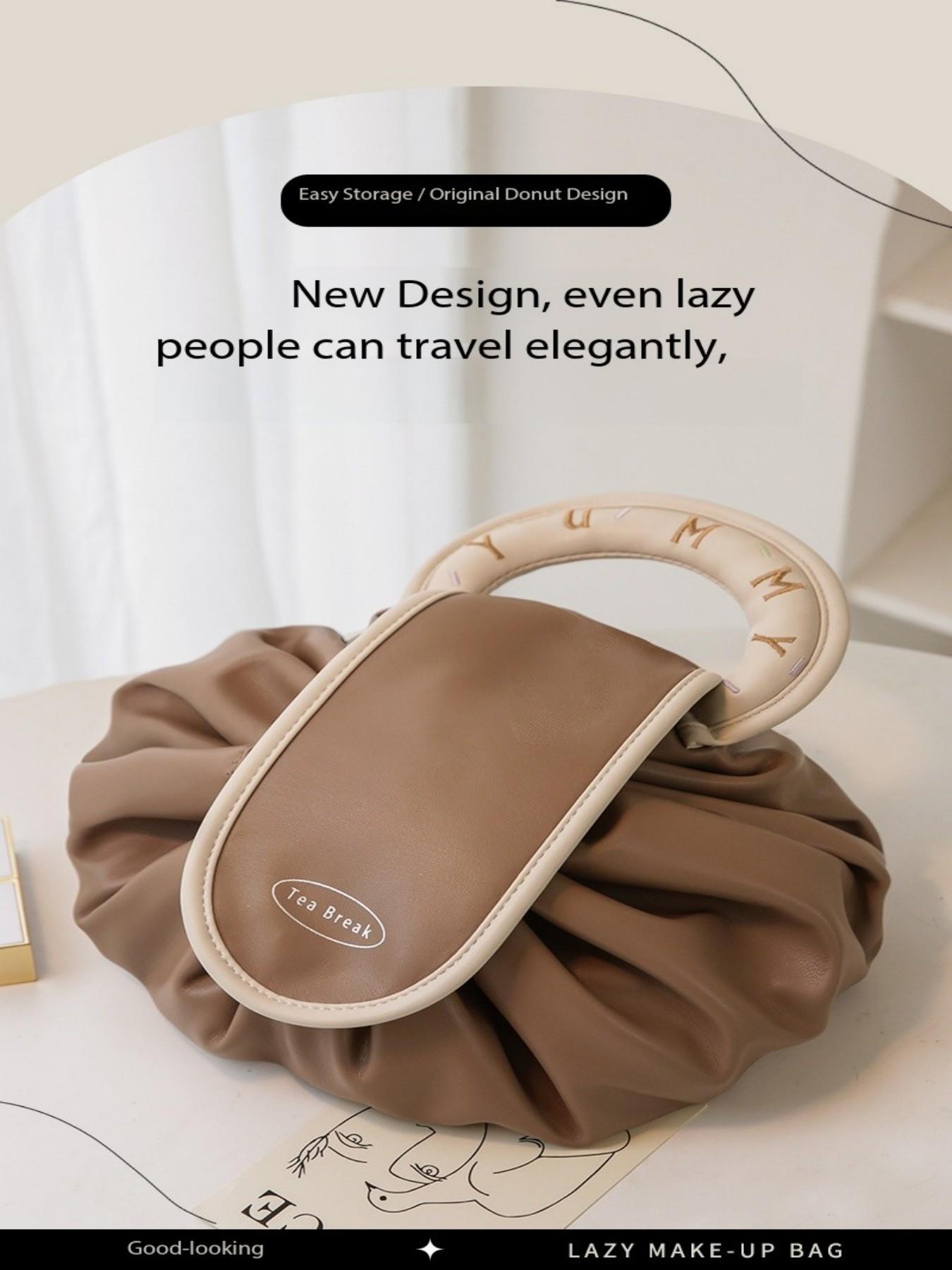 New Lazy Drawstring Makeup Bag for Women, Portable Waterproof PU Travel Wash Bag, Handheld Storage Pouch Box, High-End Design