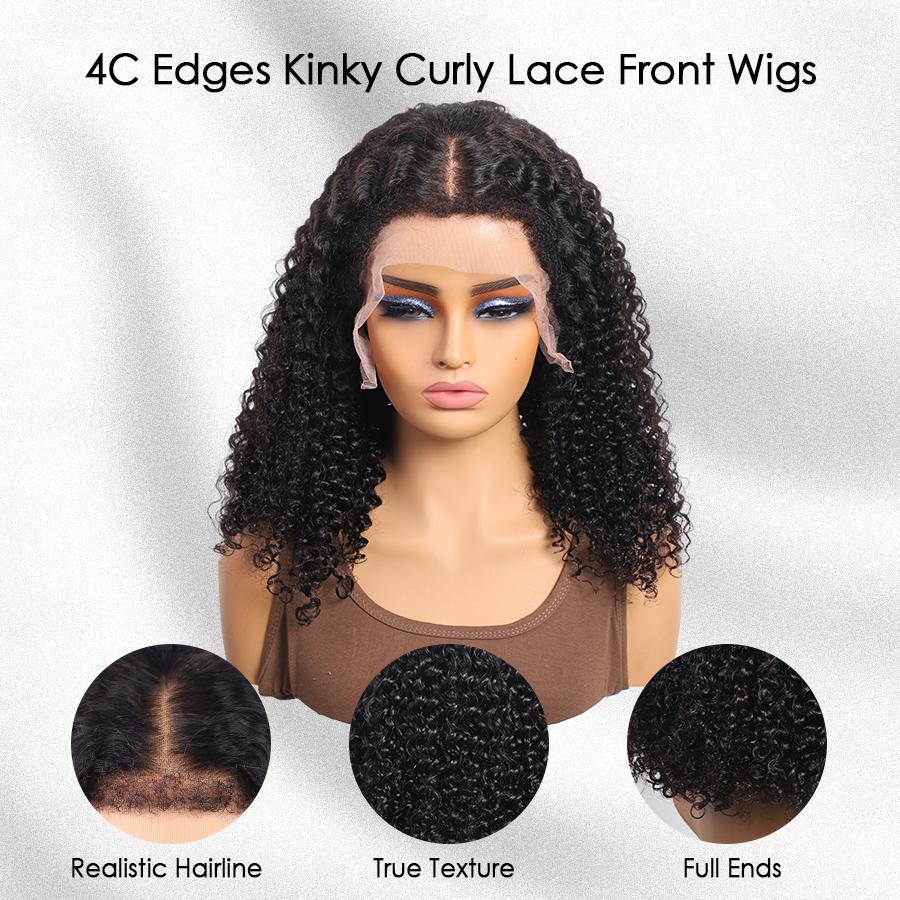 Pizazz Hair 4C Edges Curly Bye Bye Knots Bob Wig 280% Density 8x5 Lace Front Wigs Human Hair Pre Bleached Pre Plucked with Curly Baby Hair Hairline Transparent HD Lace Frontal Wig