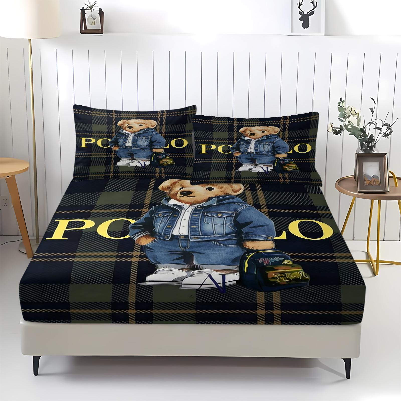 Teddy Bear Pattern Bed Sheet, Comfortable Printed Pattern, Includes 1 Bed Sheet and 2 Pillowcases, Comfortable Bedding, Non slip Dust Cover Suitable for Bedroom and Guest Room, Suitable as a Gift for Children or Adults