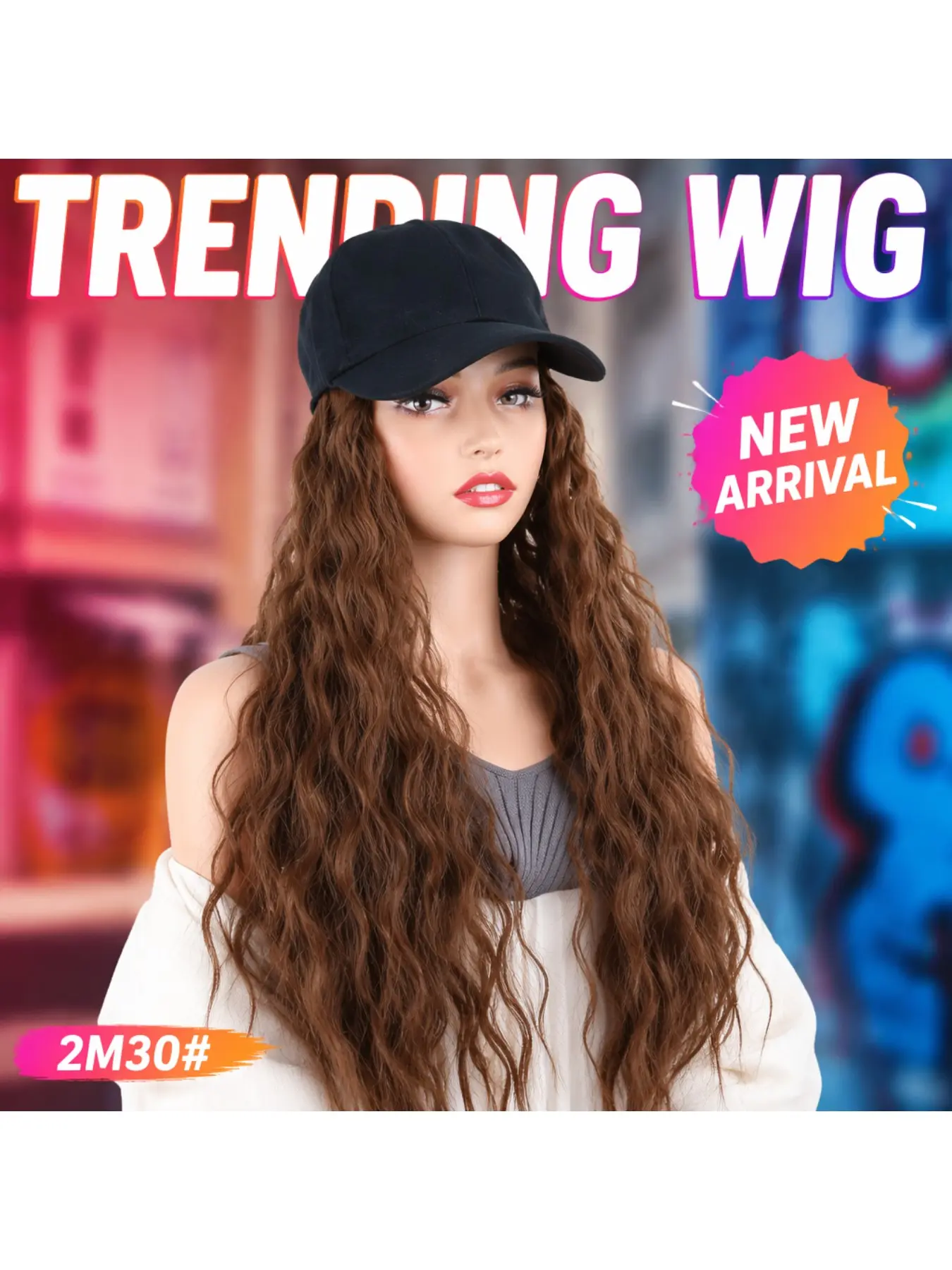 All In One Corn Wave Long Curly Baseball Hat Wigs For Ladies, 20inch Heat Resistant Cap Wig, 4 Natural Hair Colors Lightweight Outdoor Hair Accessory