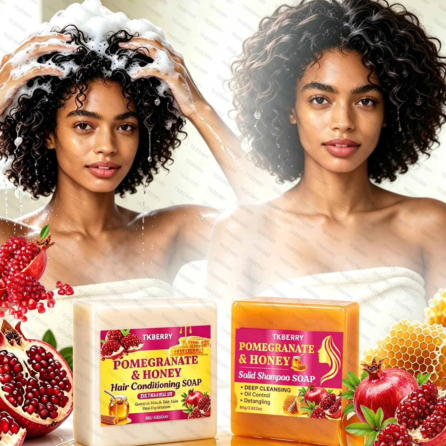 Pomegranate Honey Shampoo and conditioner Soap Bars, Shampoo And Conditioner Set Curly Hair,48-Hour Oil Control,Cleansing, Detangling & Hydrating Smooth Frizz,Hair Care,for all hair types 2pcs
