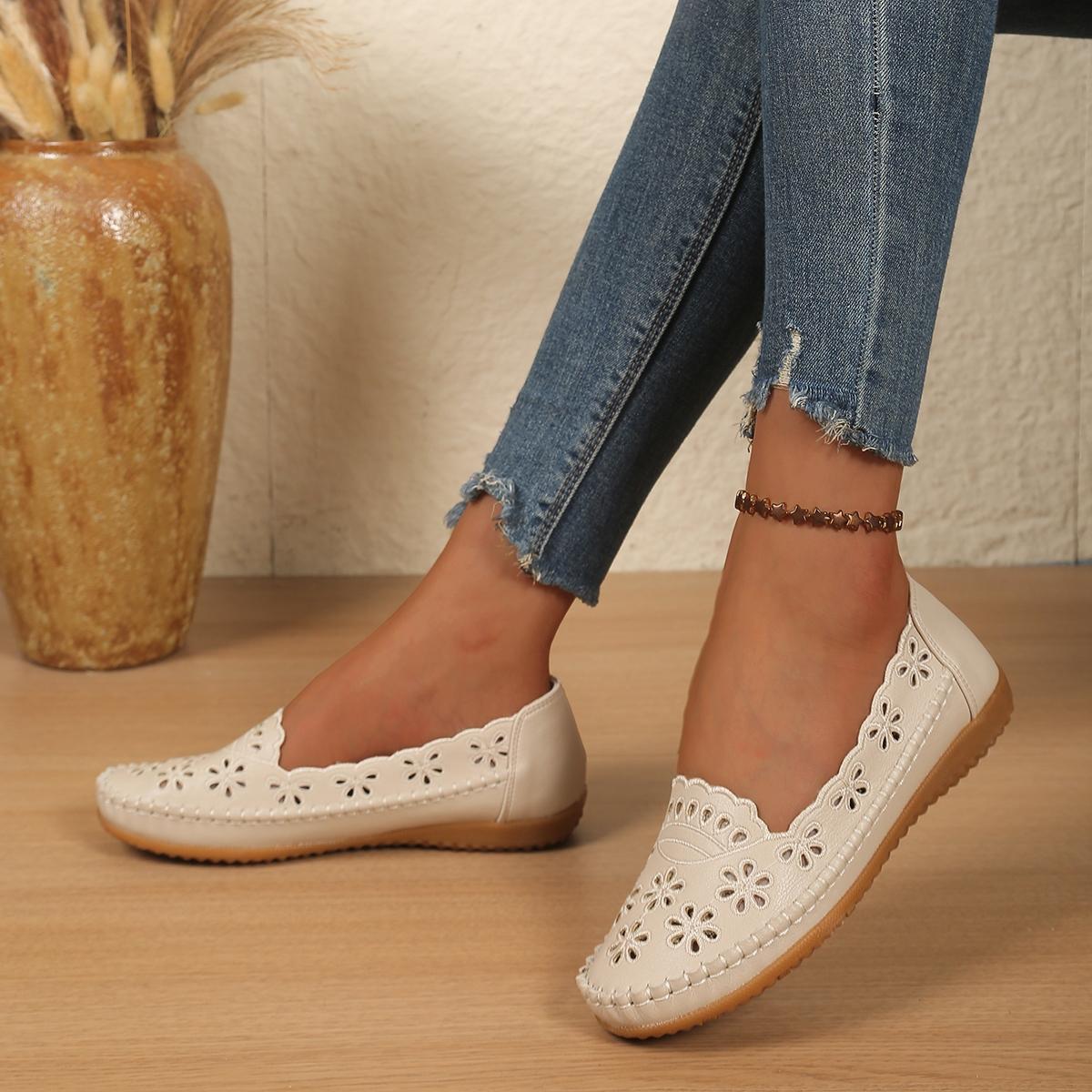 Goreyodoly Womens Wide Fit Round Toe Casual Slip On Flats, Breathable Slip Ons, Hollow Floral Lightweight Comfortable Walking Shoes All Season Office Travel Commuting Home Wear Soft Cushioned Insole Rubber Slip Resistant Durable Versatile Footwear