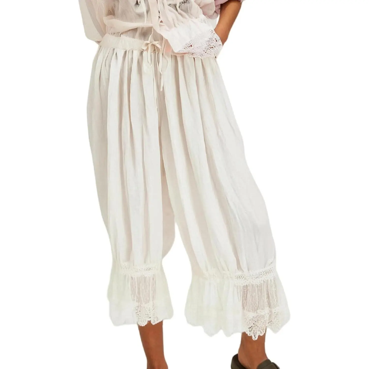 Women Lace Trim Long Bloomers Elastic Mid Rise Ruffle Pantaloons Cropped Flared Slips Pants Pajama Bottoms