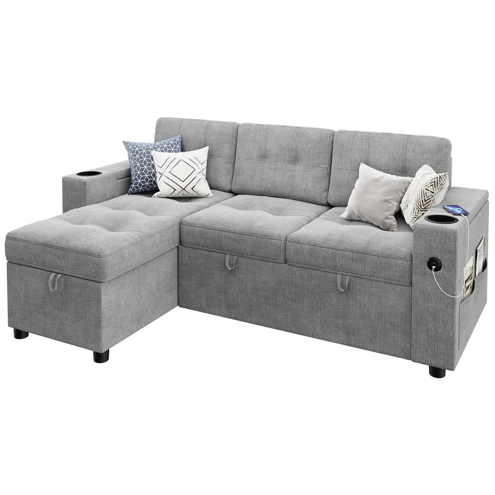 L-Shaped Couches for Living Room, High Density Sponge Filling, Comfy Sectional Sofa for Living Room with Storage and Pull Out Bed, Cup Holders and USB Port Included