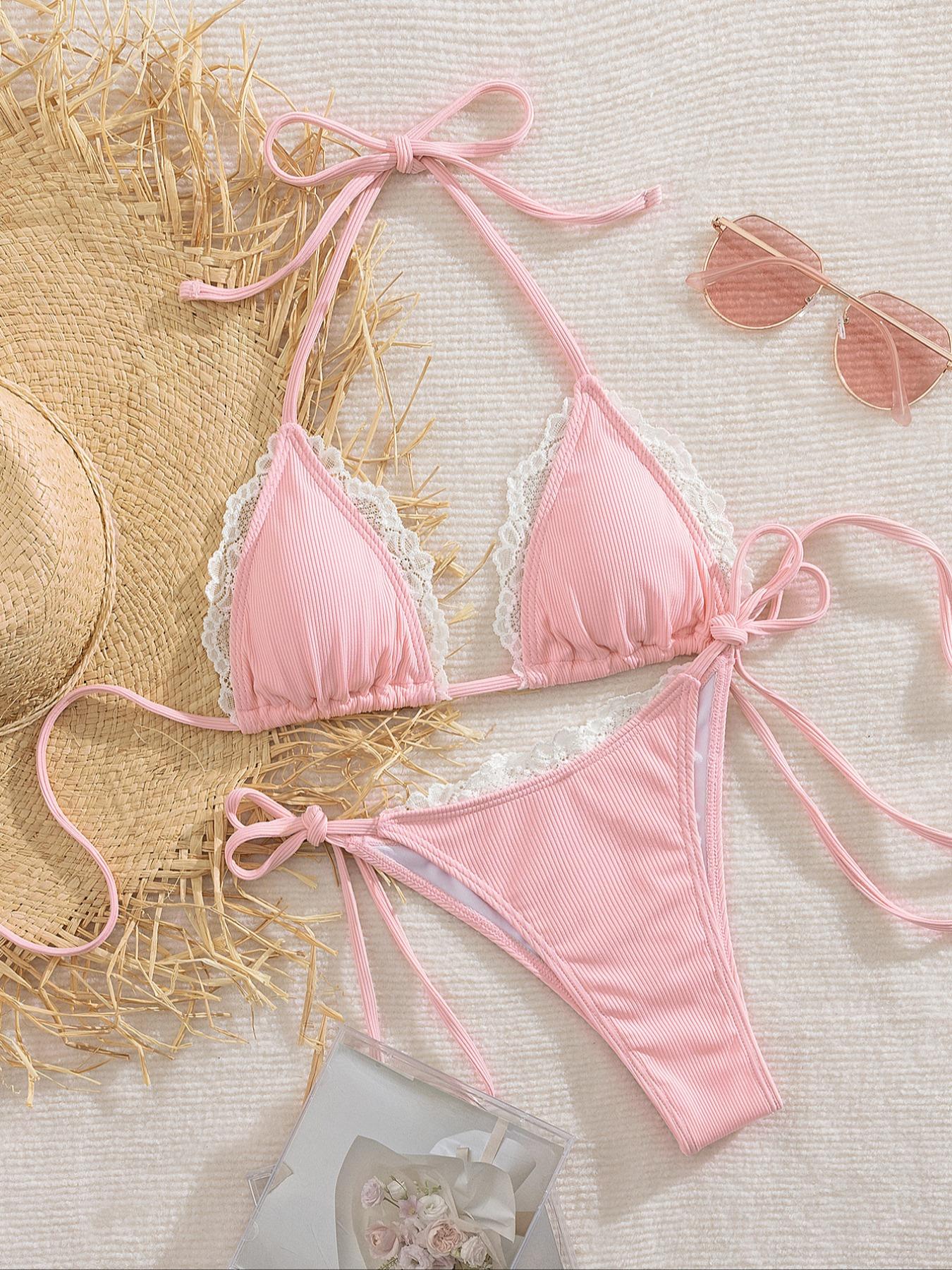 New Soft Padded Solid Lace Trim Thin Strap Tie Back Sexy Bikini Set, Summer Beach Fashion Women's Swimsuit, Sleeveless Plain Design, Tie Back Bikinis