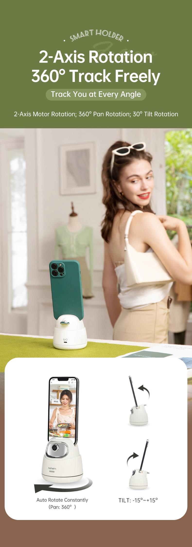 Hohem GO Auto Face Tracking Phone Holder, Auto Face Tracking Tripod for iPad &Tablet,360° and 30° Rotation 2-Axis AI Auto Tracking Tablet & Phone Holder with Gesture Control for Live Streaming Vlog Video Recording, Suitable for Android & iPhone 17 series