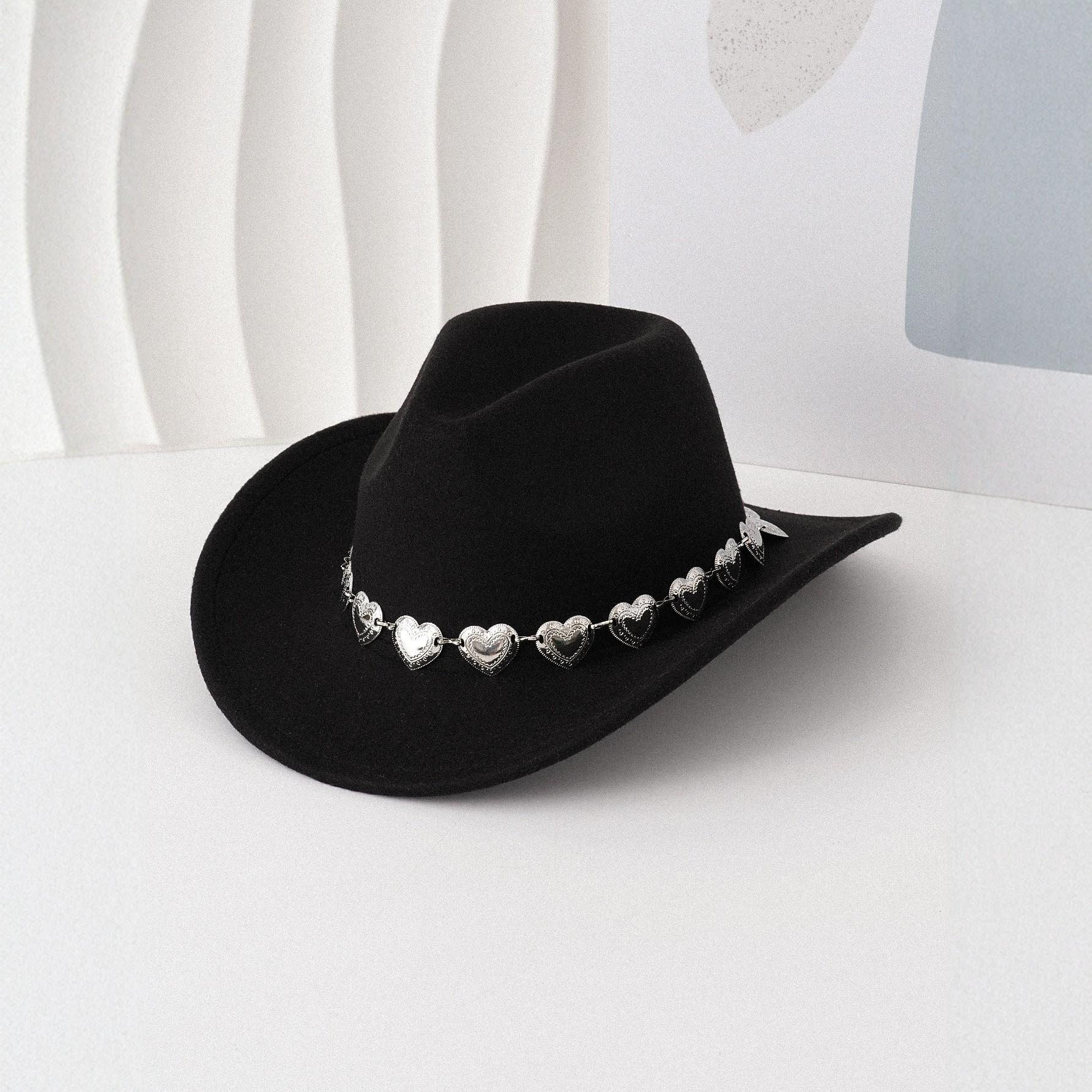 European and American cross-border hollow metal oversized love chain hat chain hip hop punk cowboy hat top hat retro felt hatSpeedy Smarts