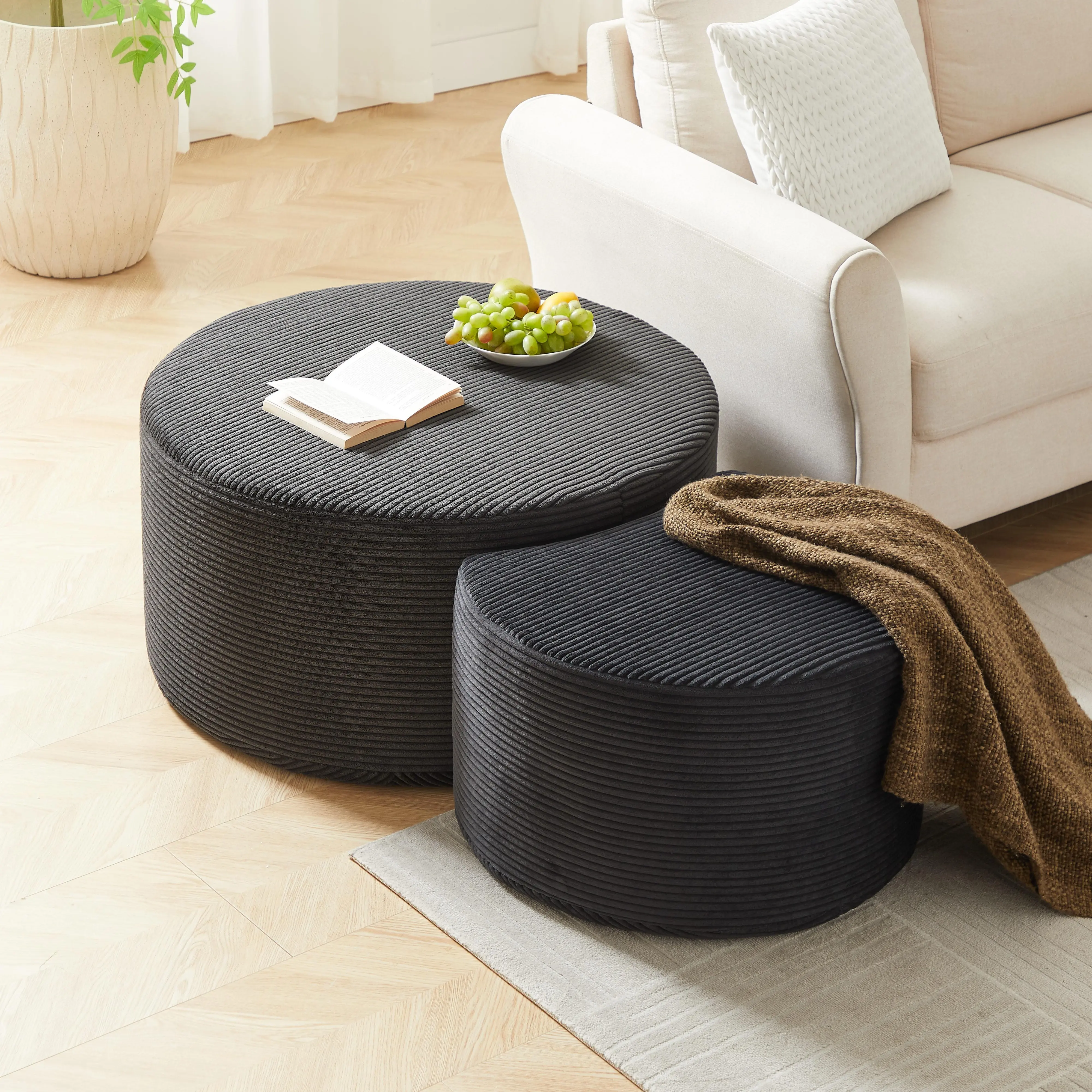 Nesting Coffee Table Set of 2, Upholstered Round Corduroy Ottoman Tables for Living Room, Modern Foam Side and End Tables, Black, No Assembly