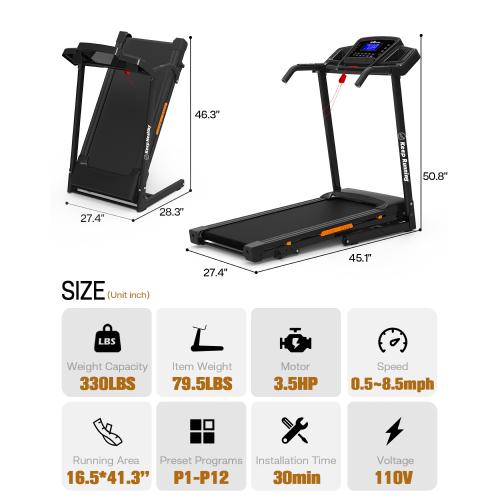 【Bellemave】330LBS Folding Treadmills for Home - 3.5HP Portable Foldable with Incline, Electric Treadmill for Running Walking Jogging Exercise with 12 Preset Programs, Indoor Workout Training Space Save Apartment,APP