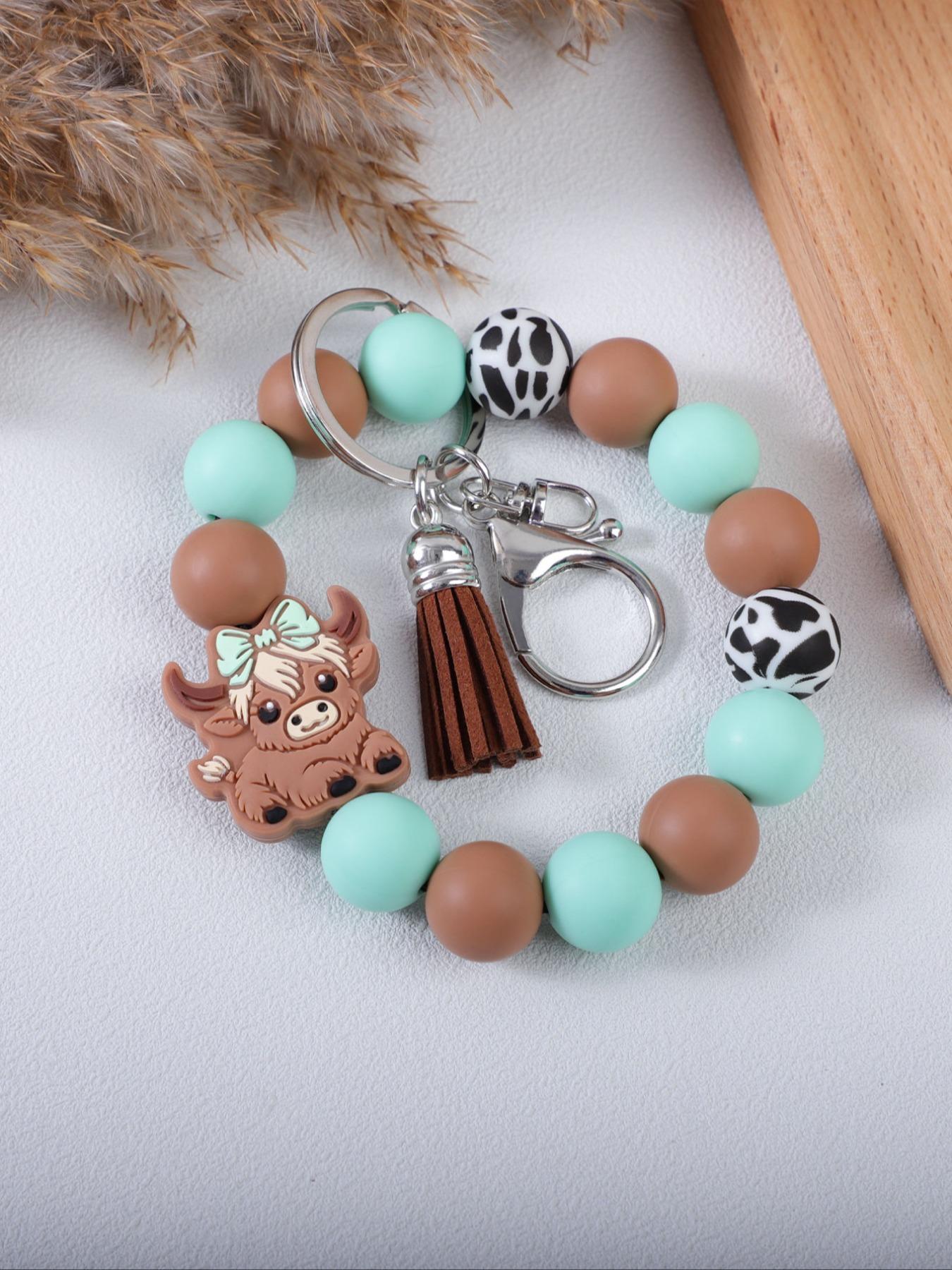 Cute Farm Style Beaded Wrist Keychain, Multiple Colors Available, Spot Pattern Beads with Bow Cow Design, Perfect Gift for Friends & Family