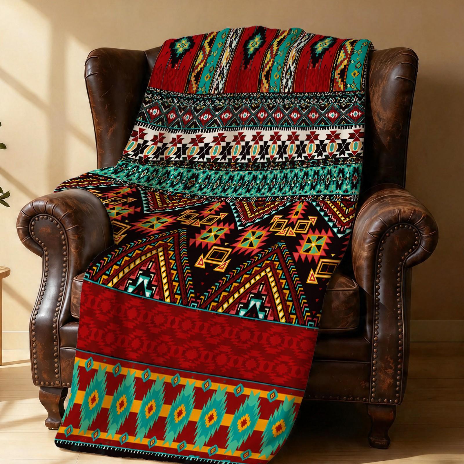 Bohemian Style Flannel Blanket, Single-Side HD Print, Tribal Geometric Style, Soft and Lightweight, Multi-Purpose for Napping, Camping, Picnic and Home Decor, Suitable for Teens and Adults