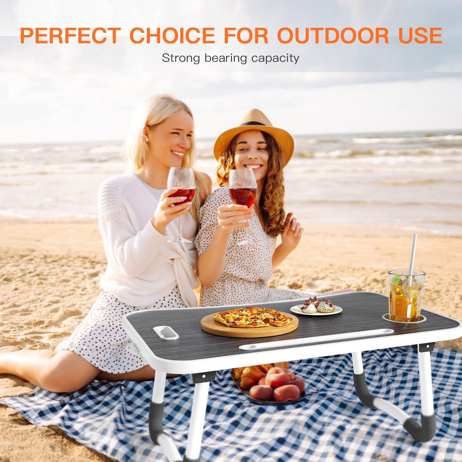 PHANCIR Laptop Desk with 4 USB Charge Port, 23.6" Foldable Wood Laptop Desk with Mini Fan/Light, Durable Edge with Slots Cup Holder & Drawer, for Reading Writing Eating & On-the-Go Use