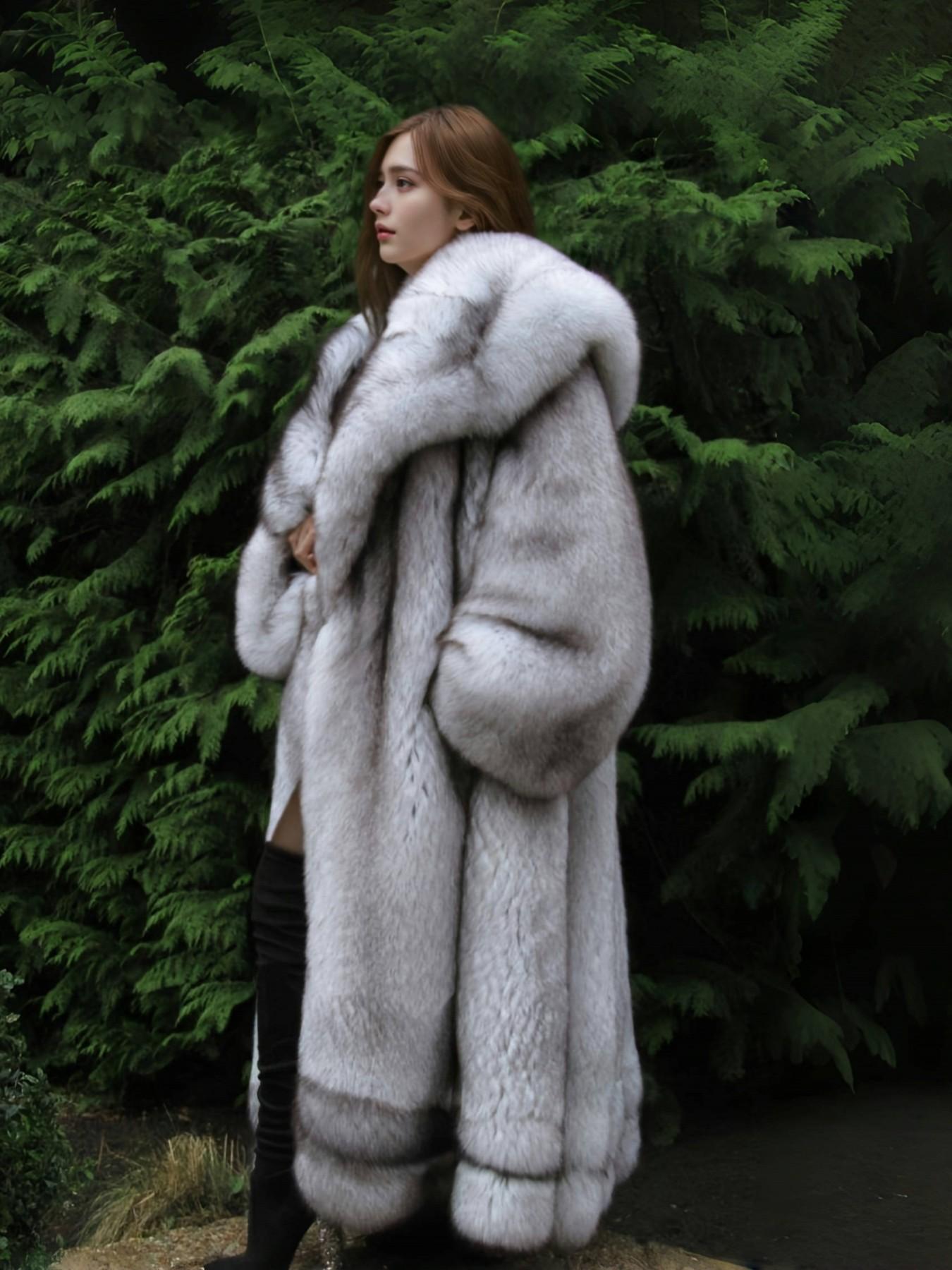 Women's Silver Color Faux Fox Fur Hooded Coat, Loose Fit Soft Warm Long Sleeves Jacket for Fall & Winter, Versatile Daily Commute Party Outerwear Womenswear