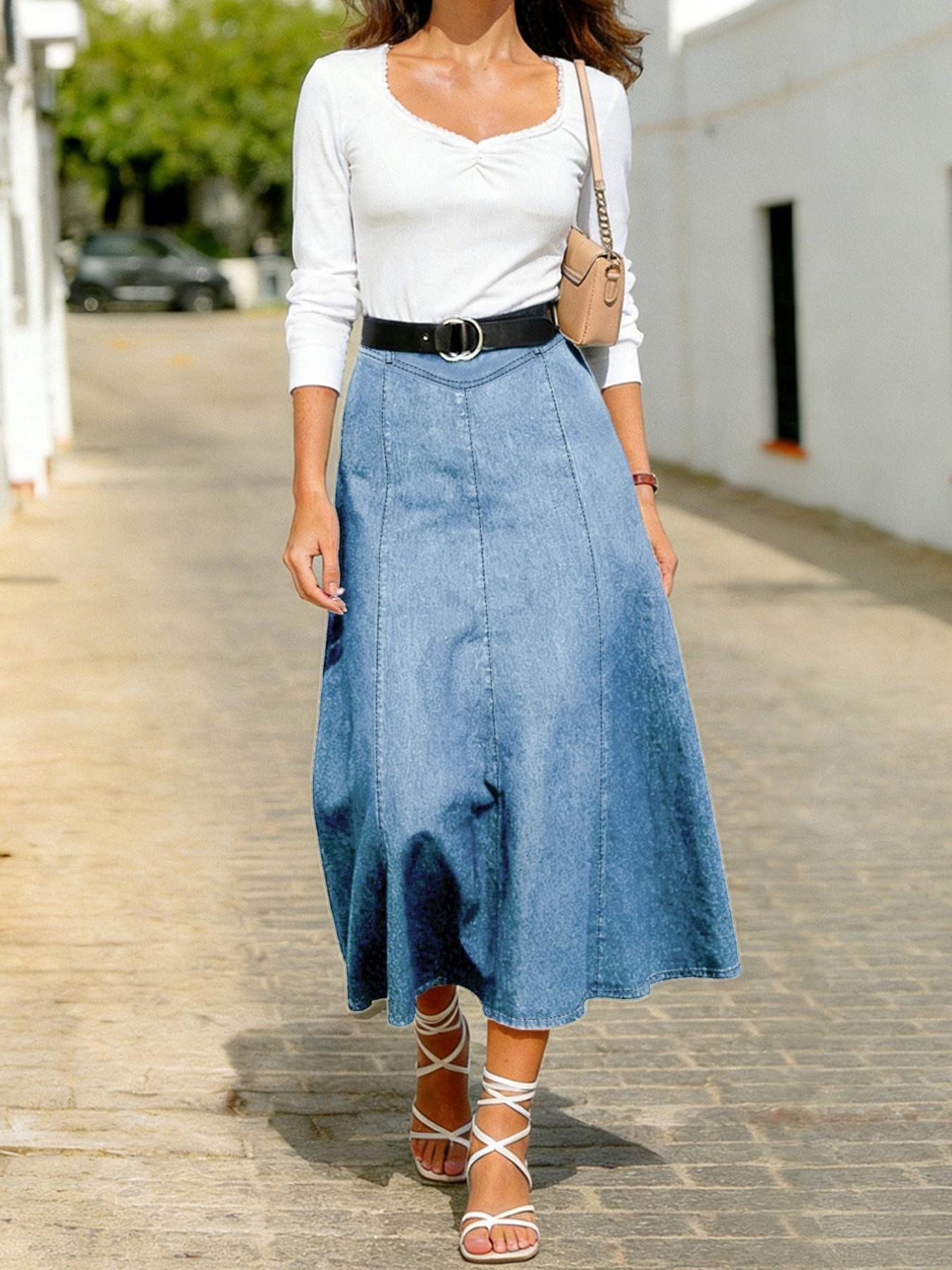 Women's High-Waisted Denim Skirt, Basic Spring & Fall Casual Style, Fitted Design, Solid Color, Long Umbrella Cut, Perfect for Daily Wear