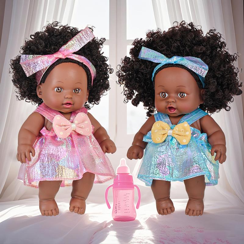 Ecore Fun 2 Pcs 8 Inch Black Baby Doll African Washable Realistic Silicone Baby Dolls with Clothes and Hairband…