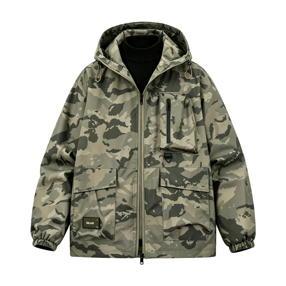 Men's Camo Print Polyester Hooded Cargo Jacket - Water-Resistant Windproof Long Sleeve Menswear Top, Adjustable Drawstring Hood, Vertical Zip Chest Pocket, Large Flap Cargo Pockets, Elastic Cuffs, Relaxed Cut Military Streetwear for Outdoor, Daily Wear