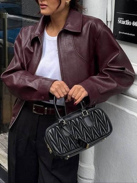 Women's Plain PU Leather Jacket, Casual Fitted Fall Outerwear Coat, Comfortable Moderate Fabric for Daily Wear & Office Use