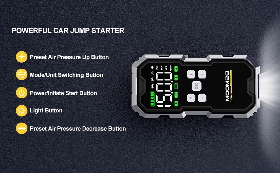 16800mAh BSMOOM [5-in-1] Portable Car Jump Starter with Air Compressor(All Gas/10.0L Diesel),With Tireinflator, 12V AutoBoost BatteryCharger Jumper Box, Rapid Charger with LEDScreen Vehicle Automotive
