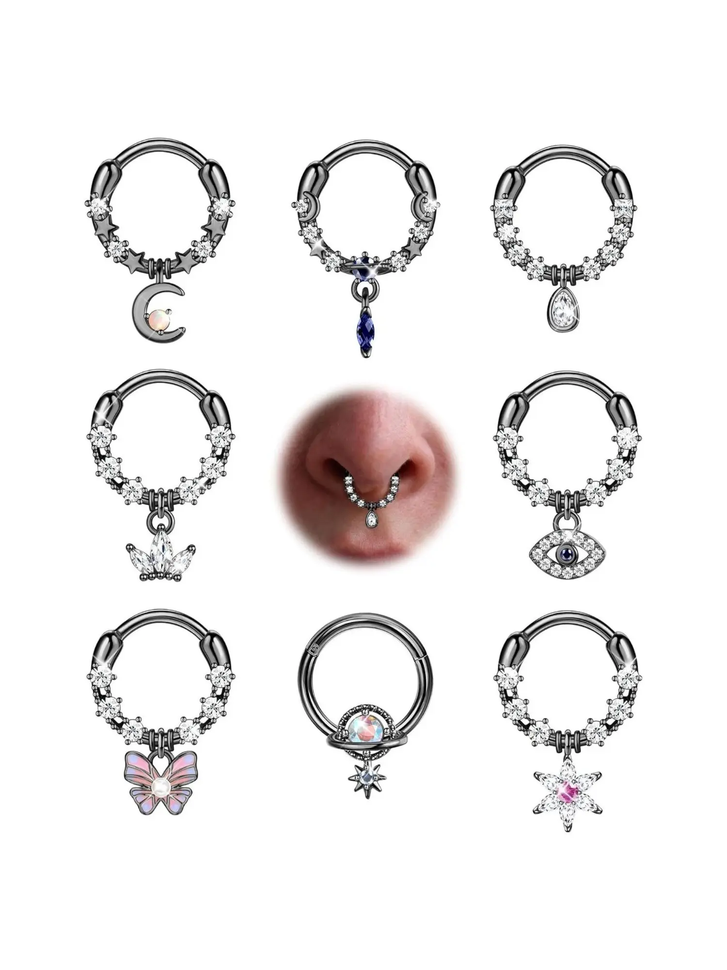 Exquisite 8 Pcs Black Cute Pendant Septum Jewelry Set 16G Copper Dangle Septum Rings for Women Men Dazzling CZ Teardrop Butterfly Daith Earrings Hoop Cartilage Helix Tragus Spetum Rhinestone Nose Rings Hoops Nose Piercing Jewelry Set