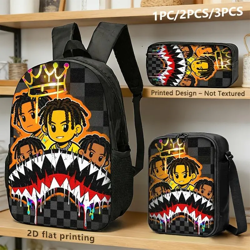 1PC/2PCS/3PCS black schoolbag, shoulder bag, storage bag, black and gray plaid bottom with graffiti character avatar and mouth shark color splash, cool street style, suitable for young people, commuting, travel and daily leisure use.