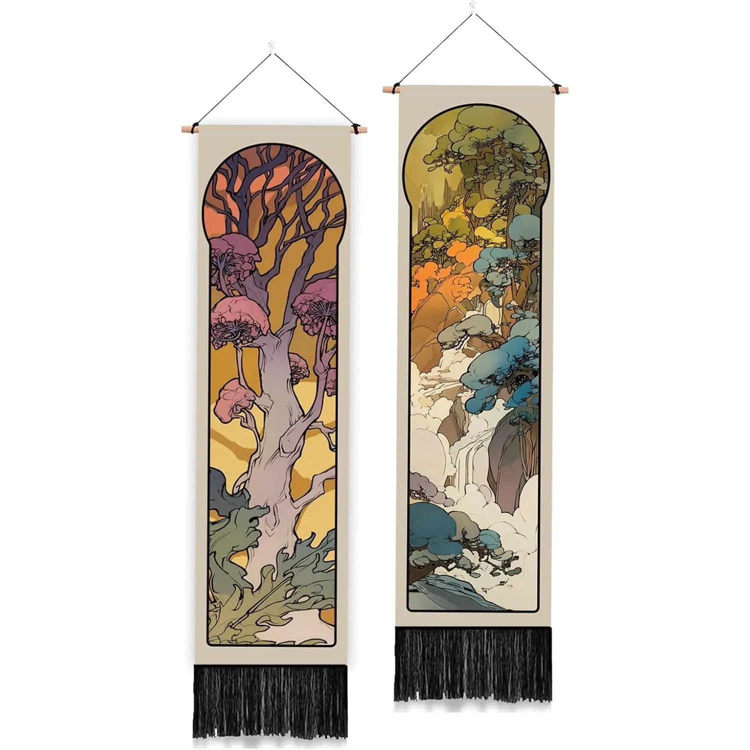 PLIGREAT 2 Pack Mucha Art Long Tapestry, Arched Landscape Wall Hanging with Tassels Narrow Wall Vertical Tapestry for Living Room Bedroom Bathroom Home Studio Art Decor Housewarming Gift