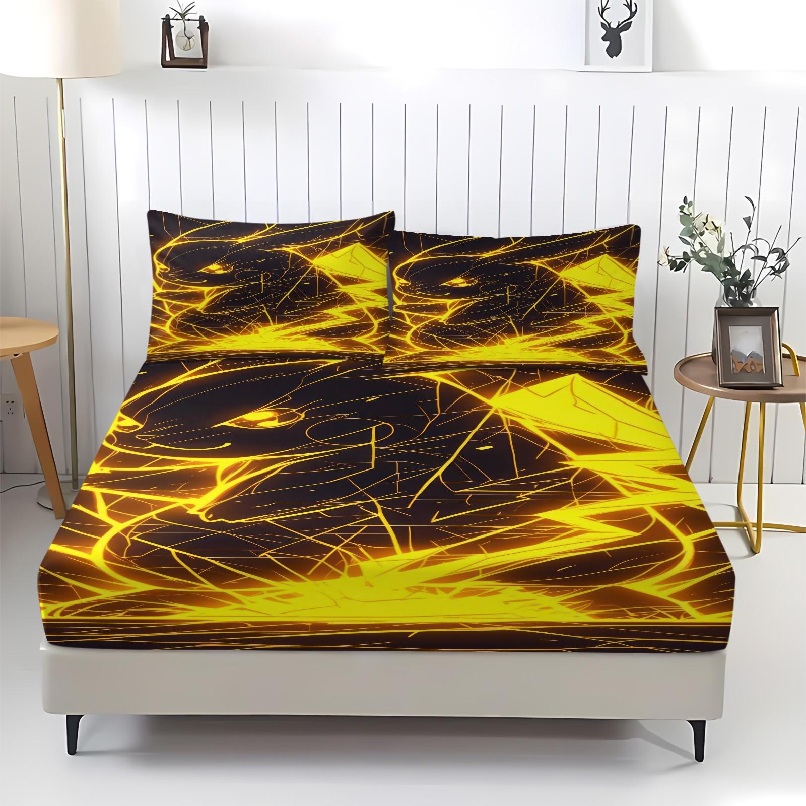 3-Piece Pikachu Pattern Fitted Sheet Set, Soft And Durable Bedding Set Includes 1 Piece Flat Sheet And 2 Pieces Pillowcases, Daily Holiday Birthday Gift Bedroom Decorations For Kids And Adults