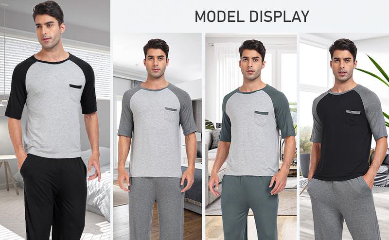 MoFiz Men's Pajamas Set Short Sleeve Bottom PJ's Pants Bedroom Pijama Sleep Night Suit 2 Piece Pjs Set Ultra Soft