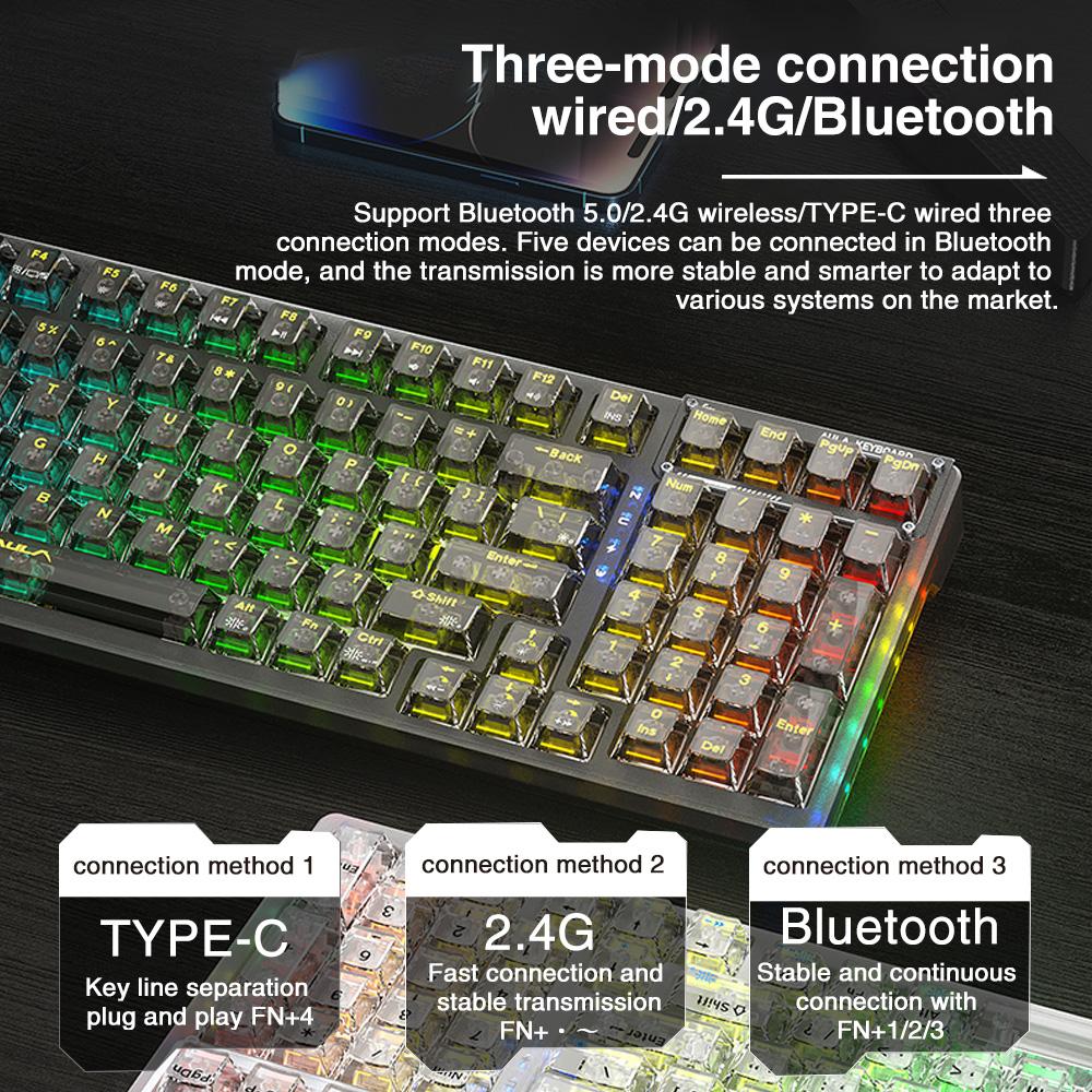 AULA F98 wireless mechanical  keyboard with transparent keycaps, 99-key Mechanical Switch Tri-mode Connection, RGB Rainbow Backlit, Suitable for Gaming and 0ffice, Gasket Gaming Keyboards Creamy Keyboard  Computer Accessory FallFreshness