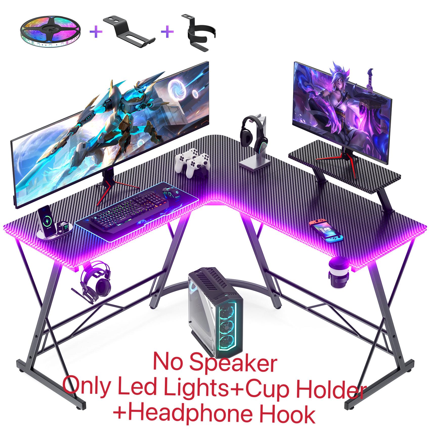 【Holiday Haul】Mr IRONSTONE L Shaped Gaming Desk with Led Lights Corner Computer Desk with Cup Holder and Headphone Hook, L shaped desk, Home Office Desks Writing Workstation with Large Monitor Stand, Easy to Assemble (Black,51 Inch)