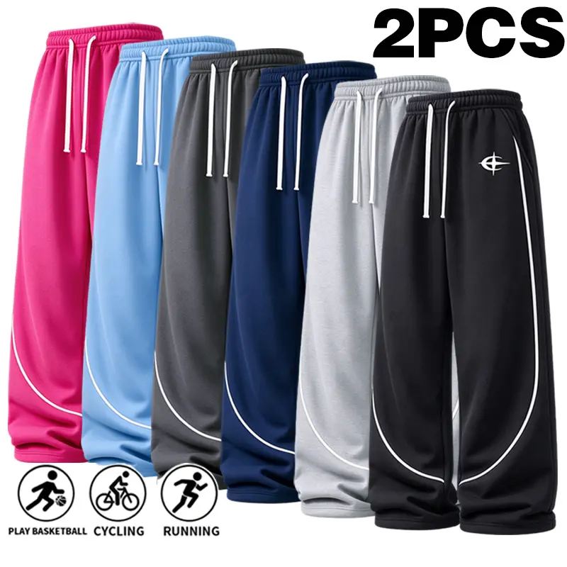 Men Relaxed‑Fit Wide‑Leg Sports Sweatpants, Soft Breathable Fabric, Convenient Drawstring Elastic Waist, Stylish Curved White Side Stripe and Minimal Front Logo Print, Great Choice for Street Look, Cycling, Running and Casual Hang‑out